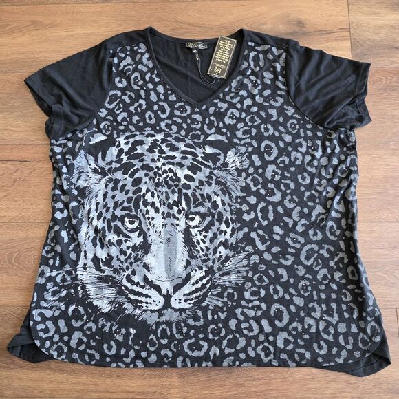 Diane Gilman Tops - DG2 Diane Gilman Top 2X Black Leopard Burnout Embellished Knit T Shirt NEW